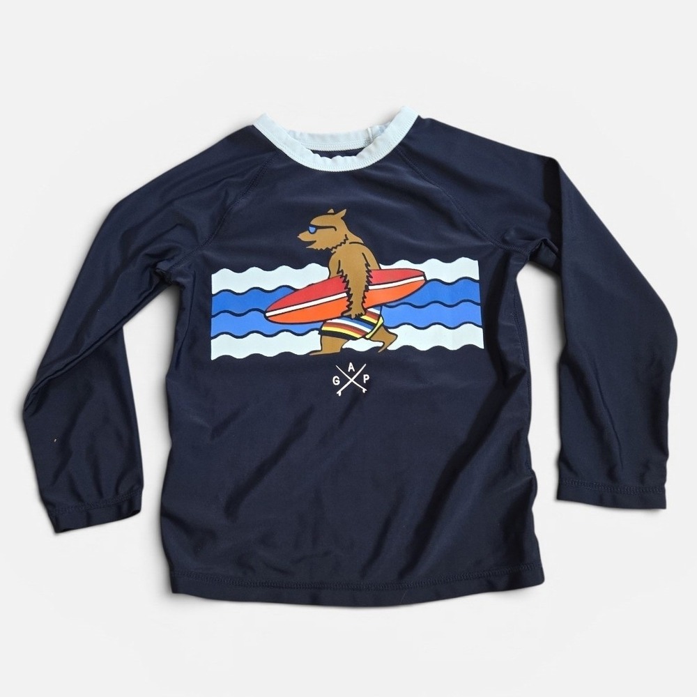 Baby Gap Boys 4 Toddler Navy Blue Surfing Bear Long Sleeve Rash Guard Swim Shirt
